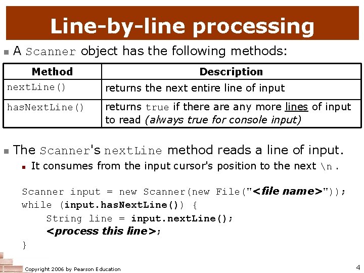 Line-by-line processing n A Scanner object has the following methods: Method next. Line() has.