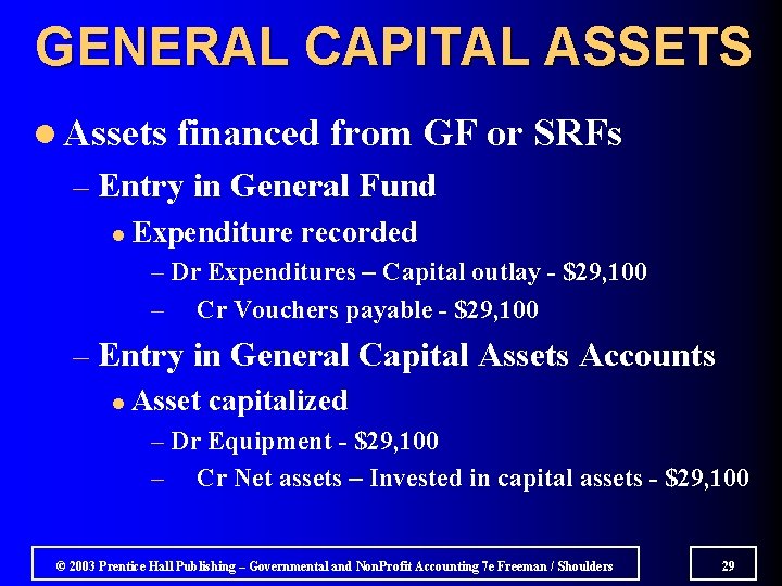 GENERAL CAPITAL ASSETS l Assets financed from GF or SRFs – Entry in General