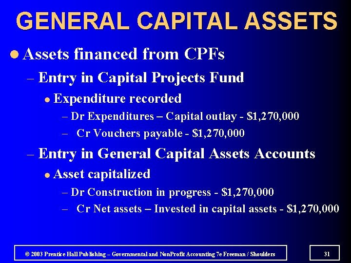 GENERAL CAPITAL ASSETS l Assets financed from CPFs – Entry in Capital Projects Fund