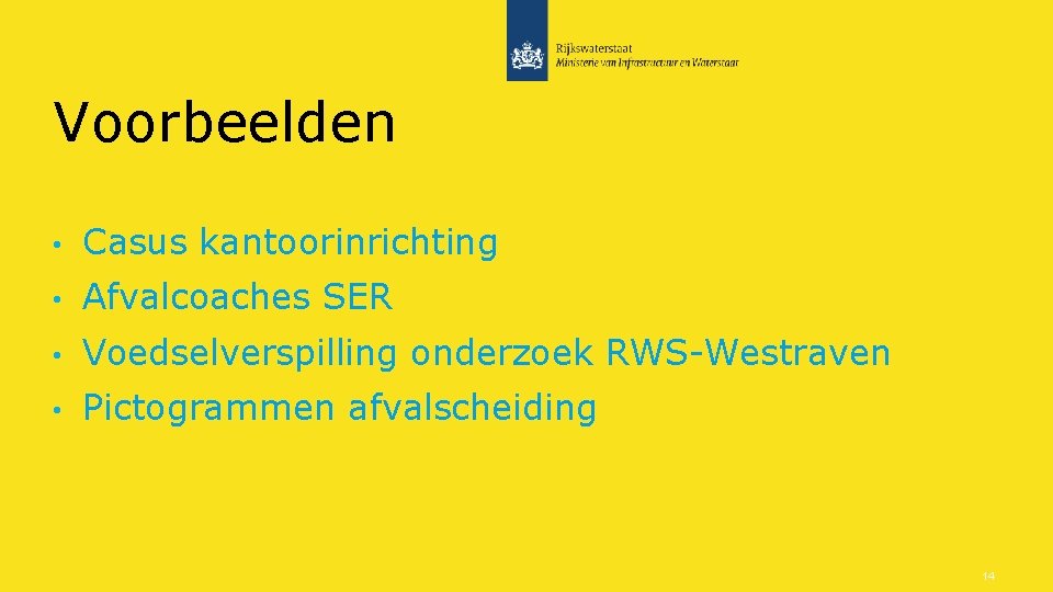 Voorbeelden • Casus kantoorinrichting • Afvalcoaches SER • Voedselverspilling onderzoek RWS-Westraven • Pictogrammen afvalscheiding