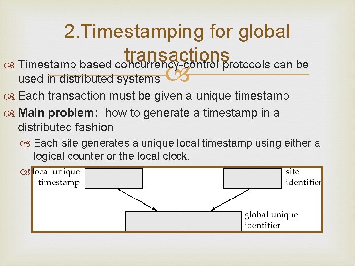 2. Timestamping for global transactions Timestamp based concurrency-control protocols can be used in distributed