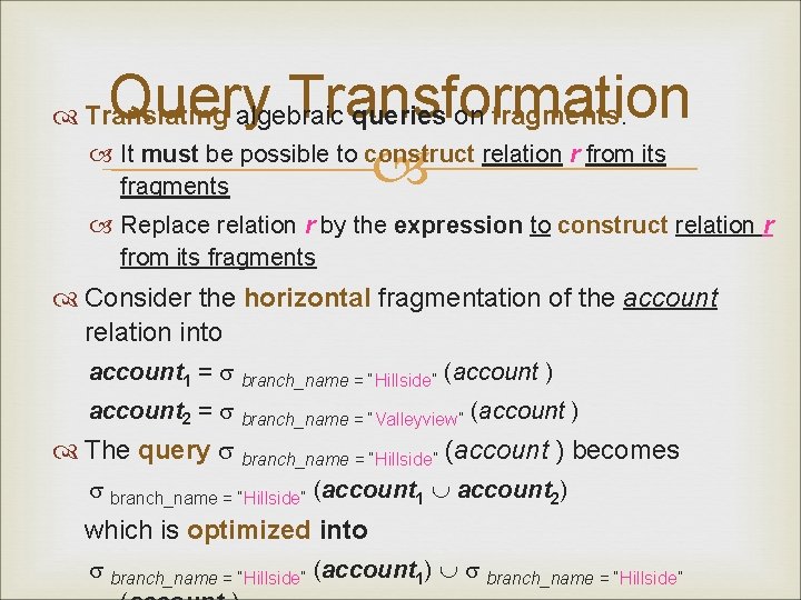 Query Transformation It must be possible to construct relation r from its fragments Translating