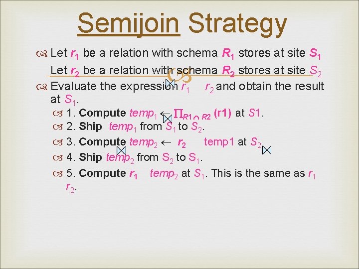 Semijoin Strategy Let r 1 be a relation with schema R 1 stores at