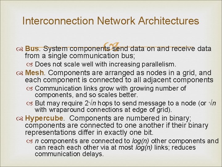 Interconnection Network Architectures Bus. System components send data on and receive data from a