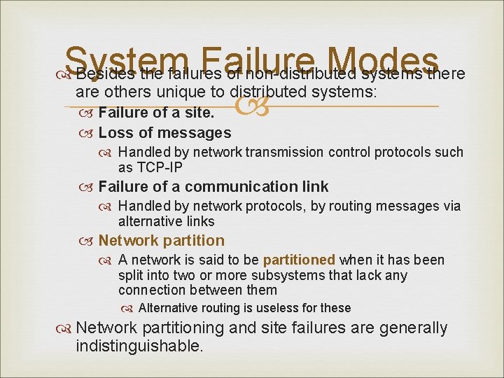 System Failure Modes Failure of a site. Besides the failures of non-distributed systems there