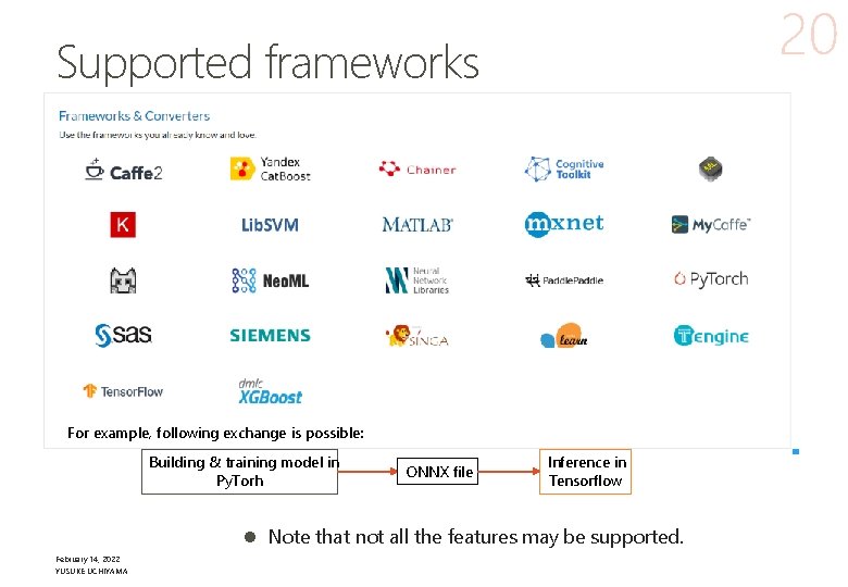 20 Supported frameworks For example, following exchange is possible: Building & training model in