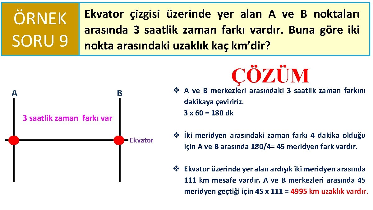 ÖRNEK SORU 9 Ekvator çizgisi üzerinde yer alan A ve B noktaları arasında 3