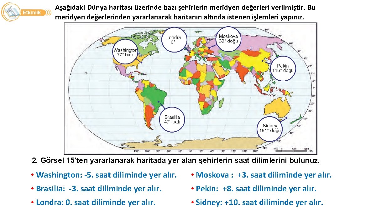 Aşağıdaki Dünya haritası üzerinde bazı şehirlerin meridyen değerleri verilmiştir. Bu meridyen değerlerinden yararlanarak haritanın