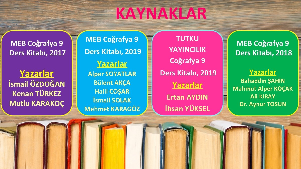 KAYNAKLAR MEB Coğrafya 9 Ders Kitabı, 2017 Yazarlar İsmail ÖZDOĞAN Kenan TÜRKEZ Mutlu KARAKOÇ