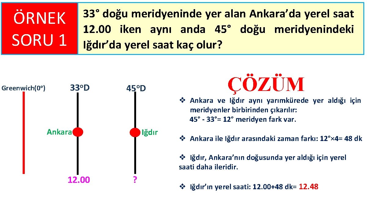 33° doğu meridyeninde yer alan Ankara’da yerel saat 12. 00 iken aynı anda 45°