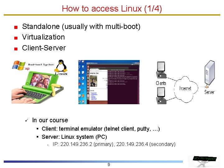 How to access Linux (1/4) Standalone (usually with multi-boot) Virtualization Client-Server ü In our