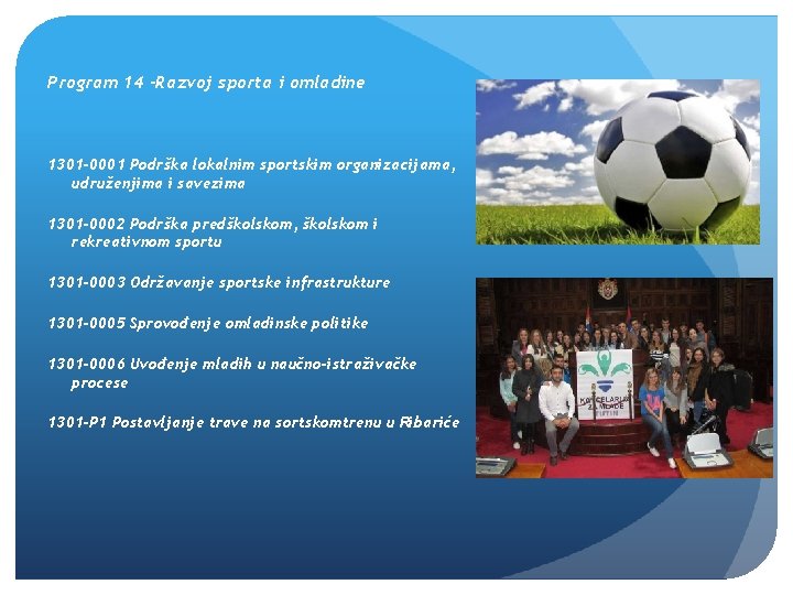 Program 14 –Razvoj sporta i omladine 1301 -0001 Podrška lokalnim sportskim organizacijama, udruženjima i