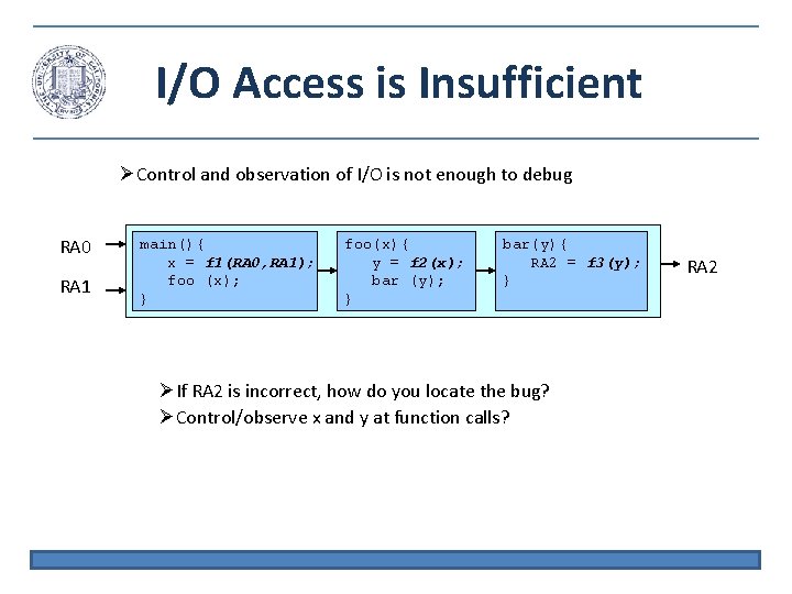 I/O Access is Insufficient Control and observation of I/O is not enough to debug