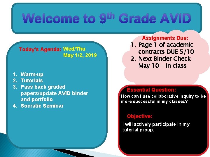 Welcome to th 9 Grade AVID Assignments Due: Today’s Agenda: Wed/Thu May 1/2, 2019