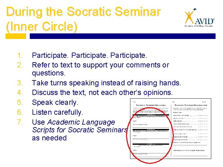 During the Socratic Seminar (Inner Circle) 1. 2. 3. 4. 5. 6. 7. Participate.