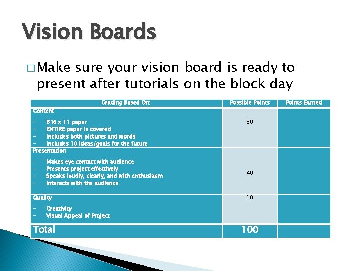 Vision Boards � Make sure your vision board is ready to present after tutorials
