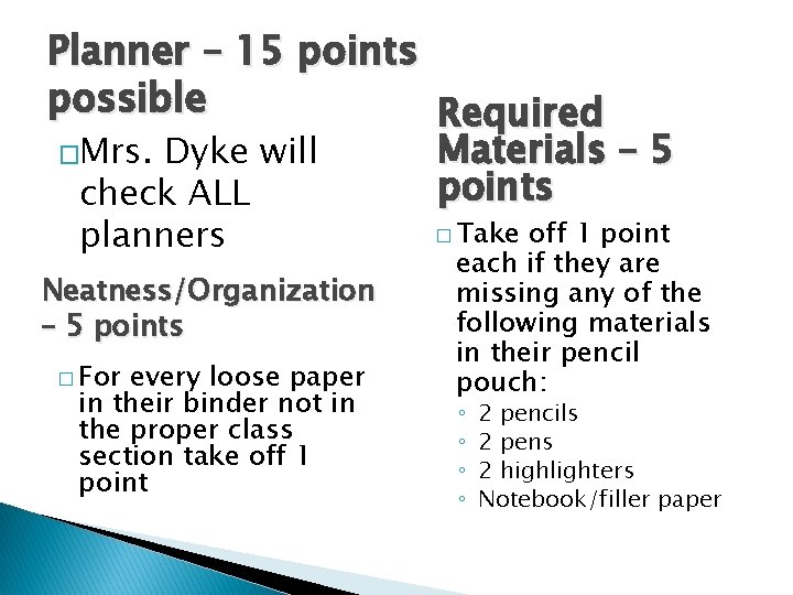Planner – 15 points possible Required Materials – 5 �Mrs. Dyke will points check