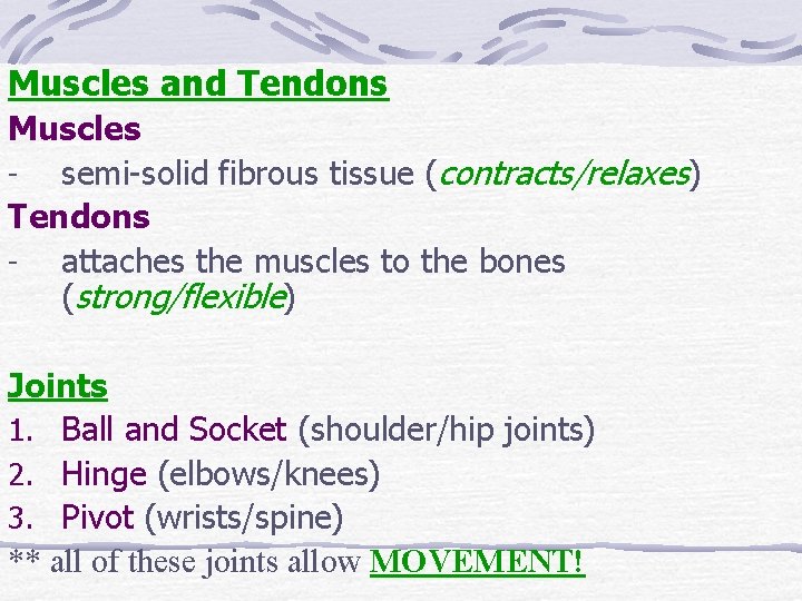 Muscles and Tendons Muscles - semi-solid fibrous tissue (contracts/relaxes) Tendons - attaches the muscles