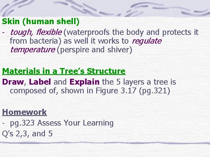 Skin (human shell) - tough, flexible (waterproofs the body and protects it from bacteria)