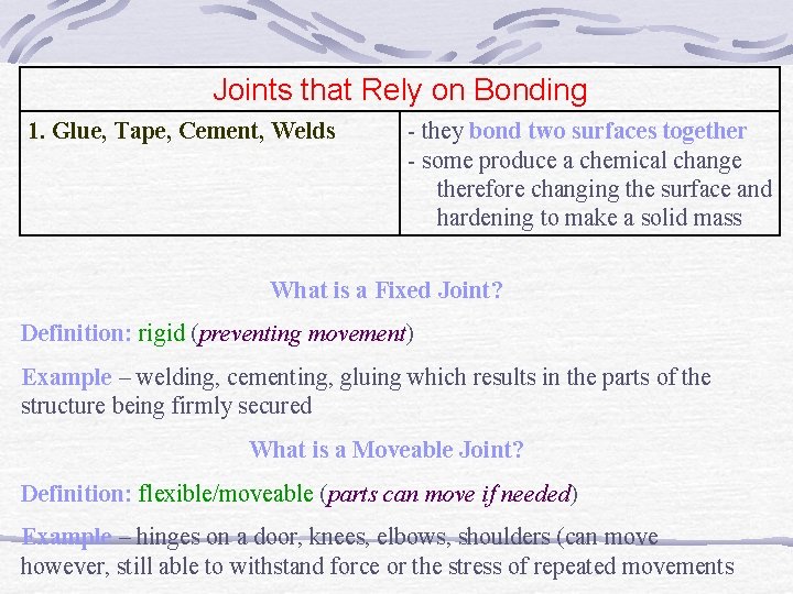 Joints that Rely on Bonding 1. Glue, Tape, Cement, Welds - they bond two