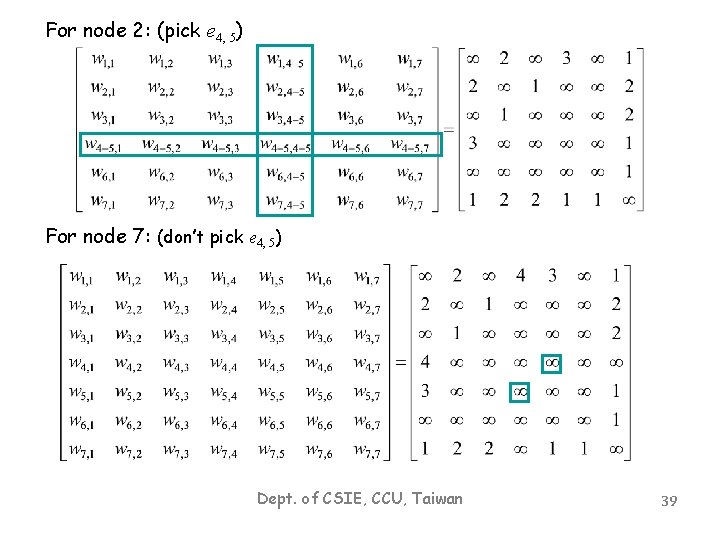 For node 2: (pick e 4, 5) For node 7: (don’t pick e 4,