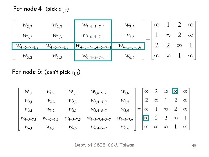 For node 4: (pick e 1, 7) For node 5: (don’t pick e 1,