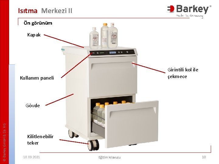 Isıtma Merkezi II Ön görünüm Kapak Girintili kol ile çekmece Kullanım paneli © Barkey