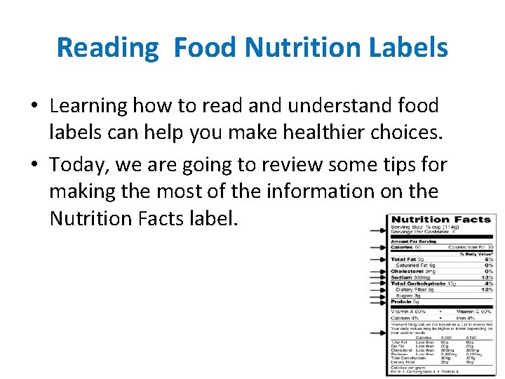 Reading Food Nutrition Labels • Learning how to read and understand food labels can