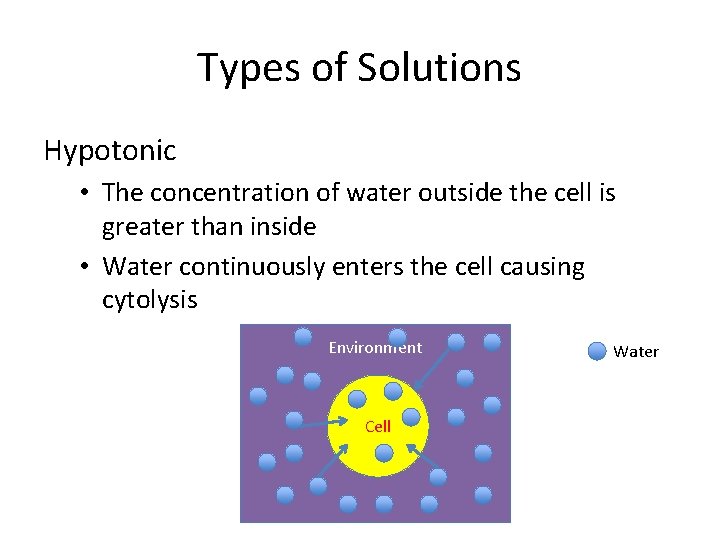 Types of Solutions Hypotonic • The concentration of water outside the cell is greater