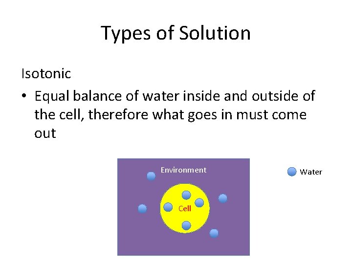 Types of Solution Isotonic • Equal balance of water inside and outside of the