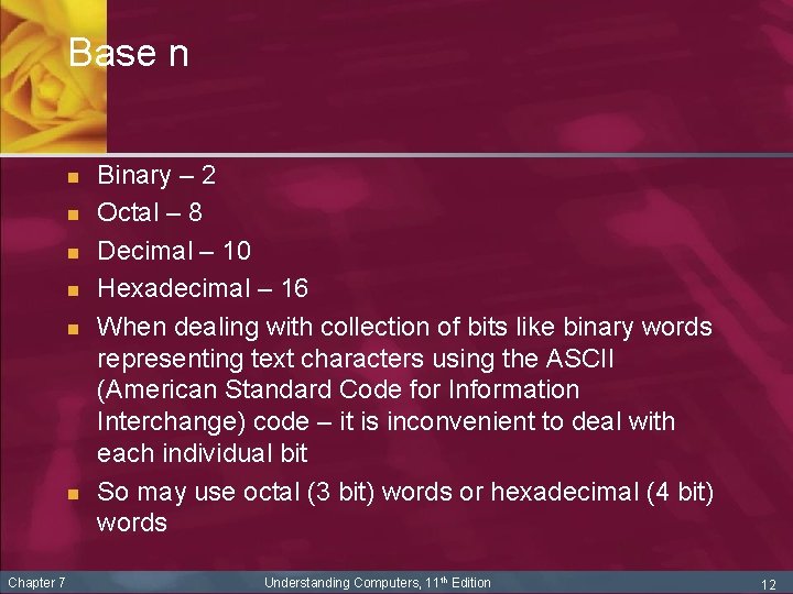Base n n n n Chapter 7 Binary – 2 Octal – 8 Decimal