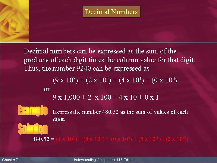 Decimal Numbers Decimal numbers can be expressed as the sum of the products of
