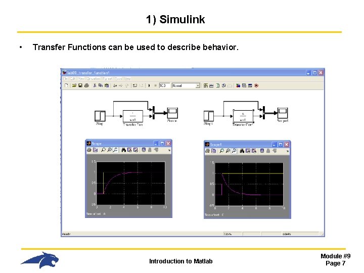 1) Simulink • Transfer Functions can be used to describe behavior. Introduction to Matlab 1) Simulink • Transfer Functions can be used to describe behavior. Introduction to Matlab