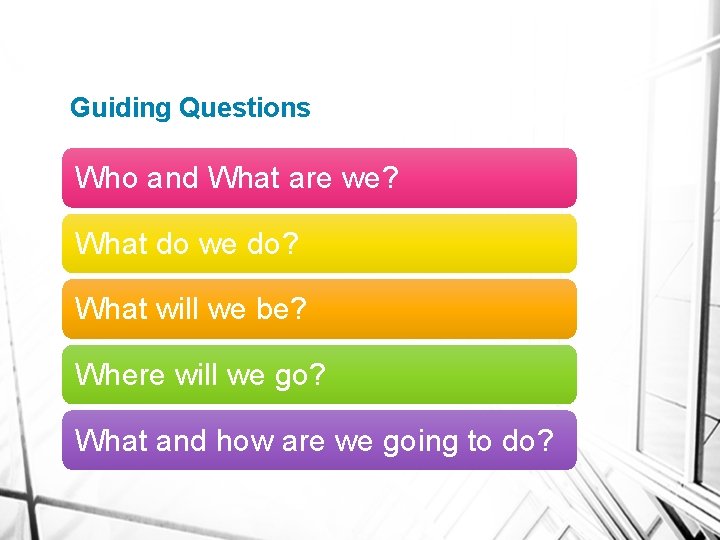 Guiding Questions Who and What are we? What do we do? What will we