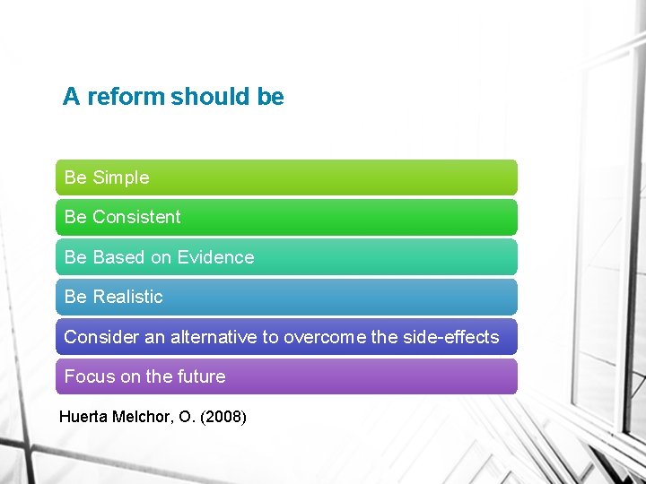 A reform should be Be Simple Be Consistent Be Based on Evidence Be Realistic