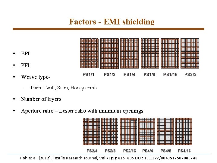 Factors - EMI shielding • EPI • PPI • Weave type– Plain, Twill, Satin,