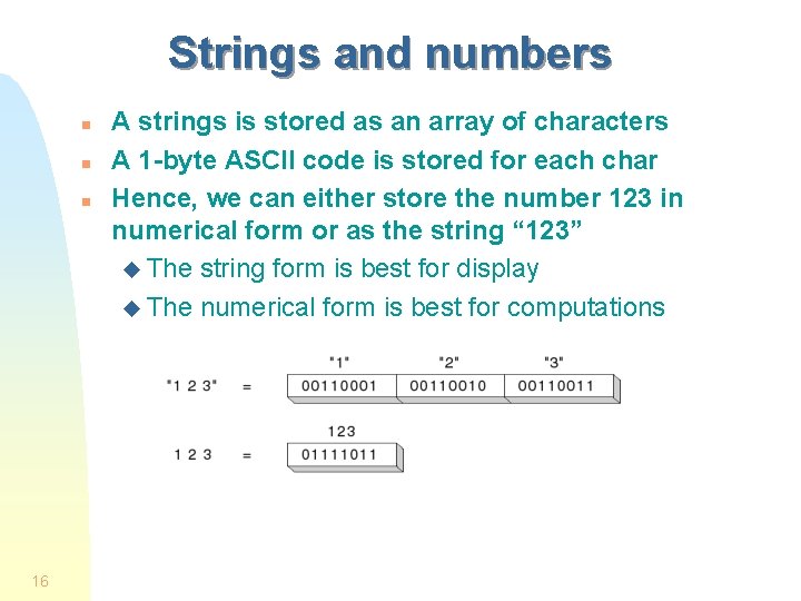 Strings and numbers n n n 16 A strings is stored as an array