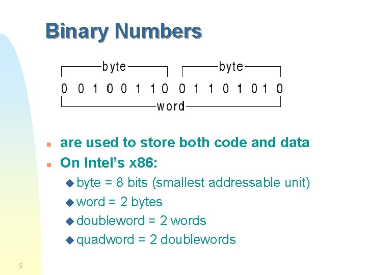 Binary Numbers n n are used to store both code and data On Intel’s