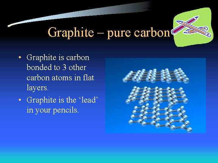 Graphite – pure carbon • Graphite is carbon bonded to 3 other carbon atoms Graphite – pure carbon • Graphite is carbon bonded to 3 other carbon atoms