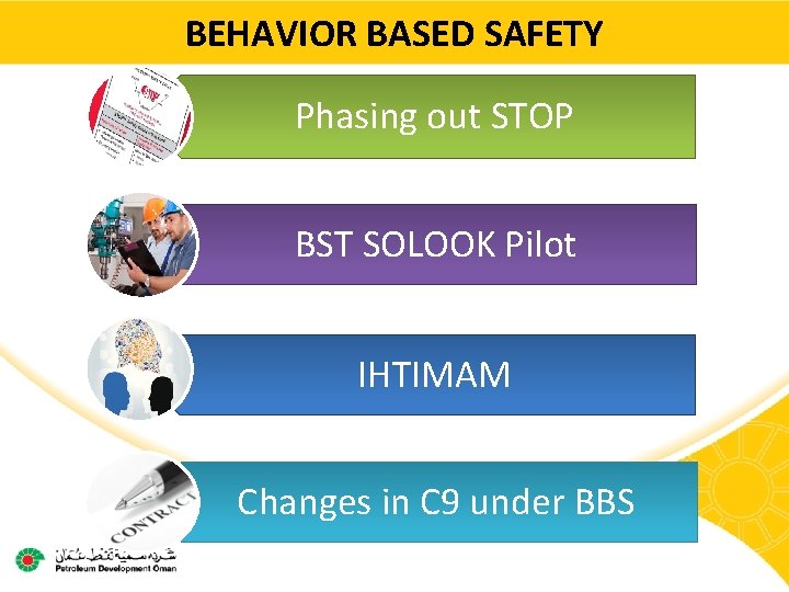 BEHAVIOR BASED SAFETY Phasing out STOP BST SOLOOK Pilot IHTIMAM Changes in C 9