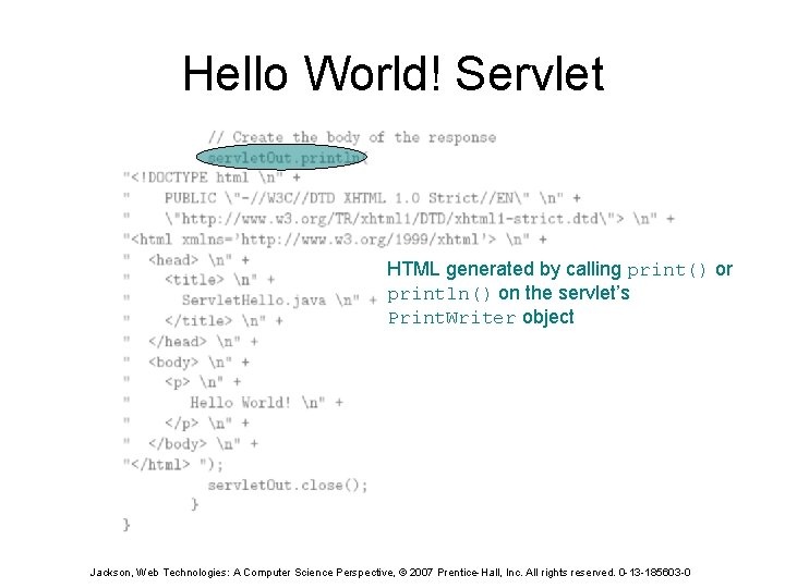 Hello World! Servlet HTML generated by calling print() or println() on the servlet’s Print.