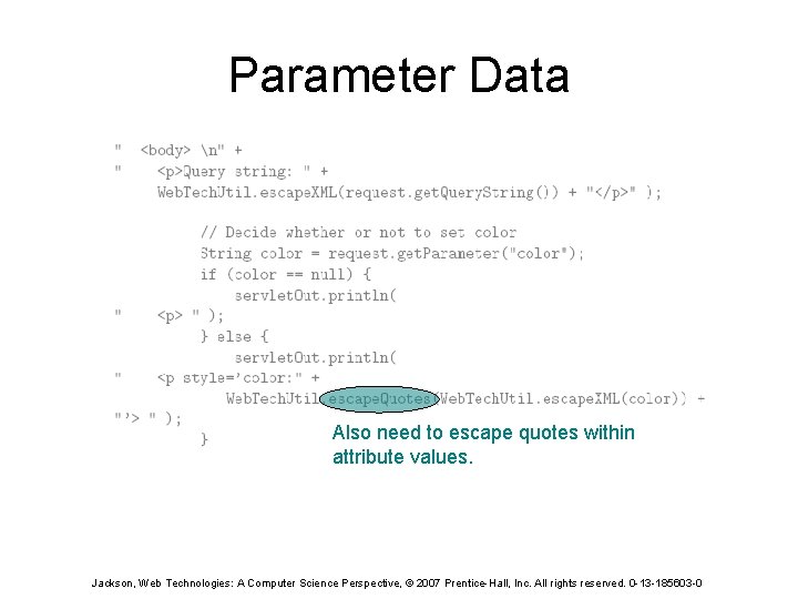 Parameter Data Also need to escape quotes within attribute values. Jackson, Web Technologies: A