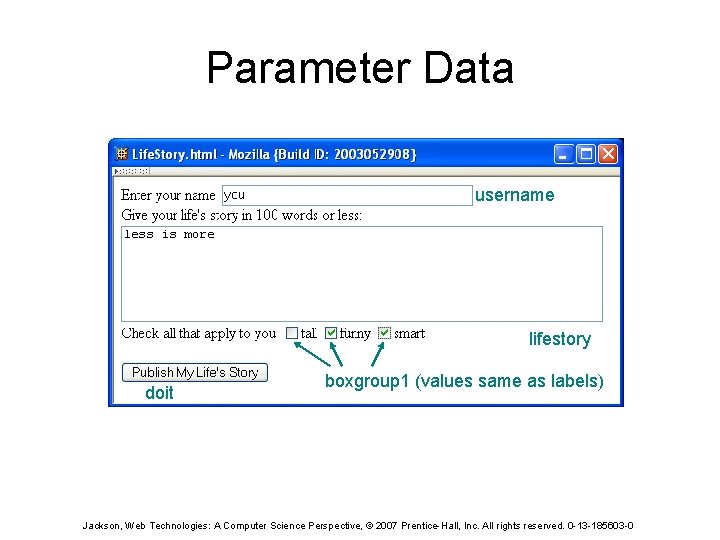 Parameter Data username lifestory doit boxgroup 1 (values same as labels) Jackson, Web Technologies: