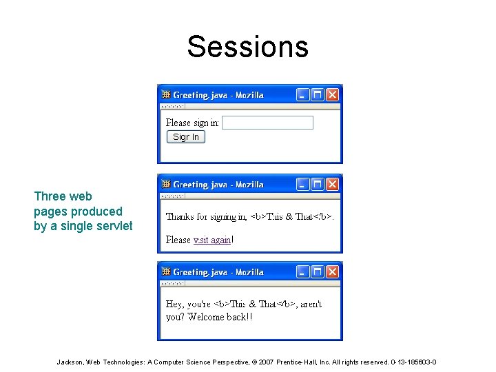 Sessions Three web pages produced by a single servlet Jackson, Web Technologies: A Computer