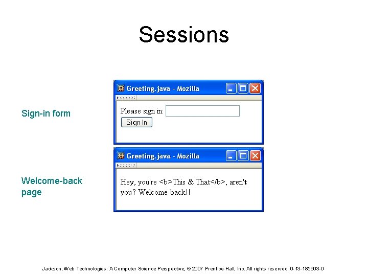 Sessions Sign-in form Welcome-back page Jackson, Web Technologies: A Computer Science Perspective, © 2007