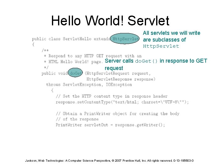 Hello World! Servlet All servlets we will write are subclasses of Http. Servlet Server