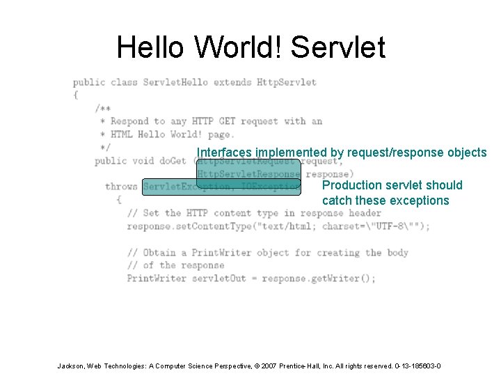 Hello World! Servlet Interfaces implemented by request/response objects Production servlet should catch these exceptions