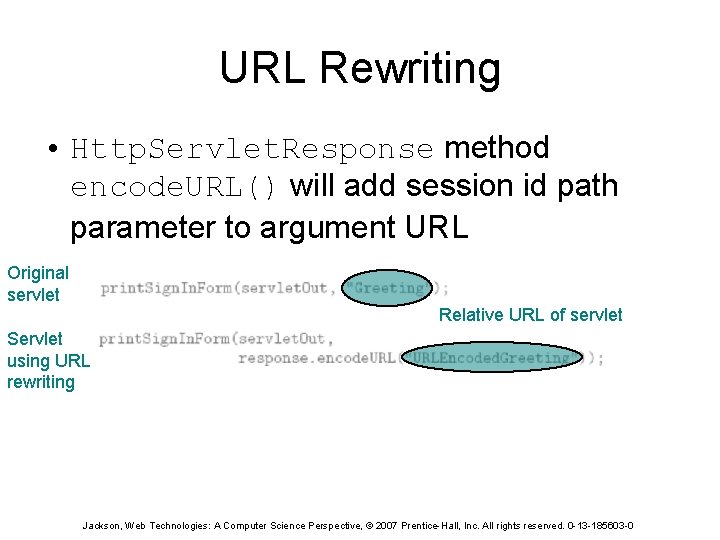 URL Rewriting • Http. Servlet. Response method encode. URL() will add session id path