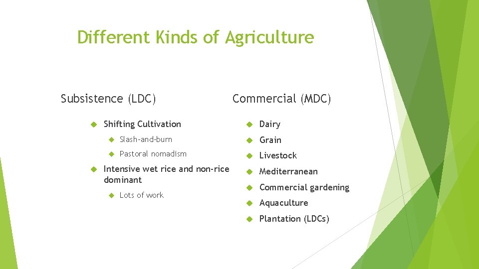 Different Kinds of Agriculture Subsistence (LDC) Shifting Cultivation Commercial (MDC) Dairy Slash-and-burn Grain Pastoral