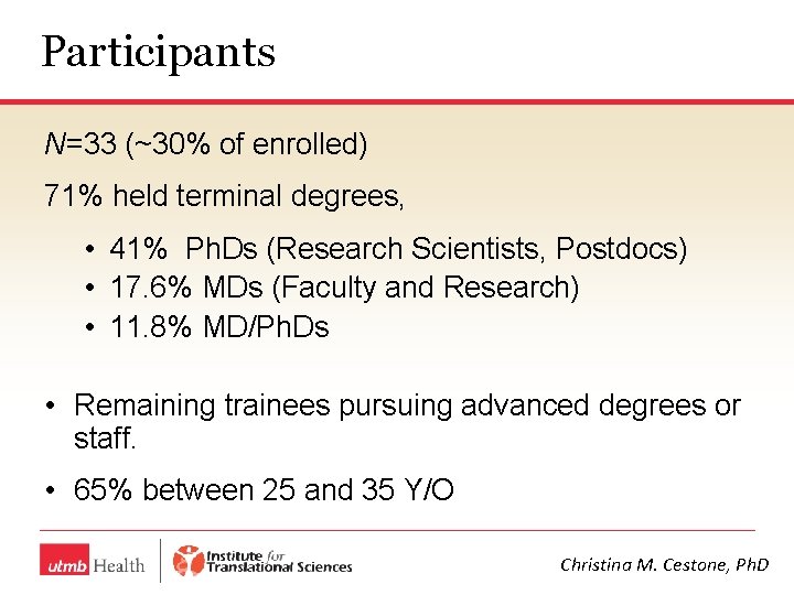 Participants N=33 (~30% of enrolled) 71% held terminal degrees, • 41% Ph. Ds (Research